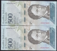 VENEZUELA 500 BOLİVARES 2017 ÇİL 299-300 SERİ TAKİPLİ (2 ADET)