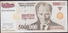 7.Emisyon 5000000 Lira K20 903356 Çok Temiz+