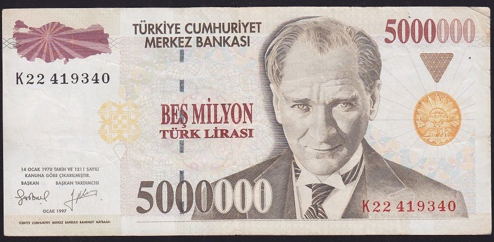 7.Emisyon 5 000 000 Lira K22 419340 Çok Temiz+