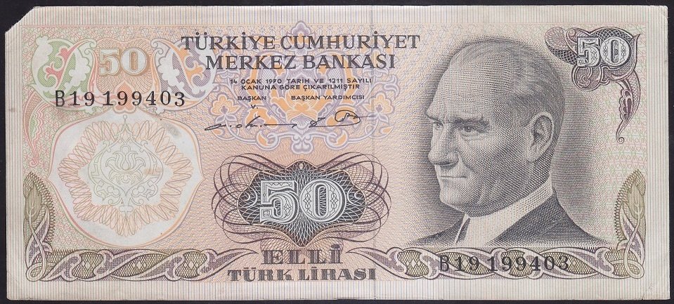 6.EMİSYON 1.TERTİP 50 LİRA B19 199403 HALİYLE (PARADA TEDAVÜL KATI YOKTUR)