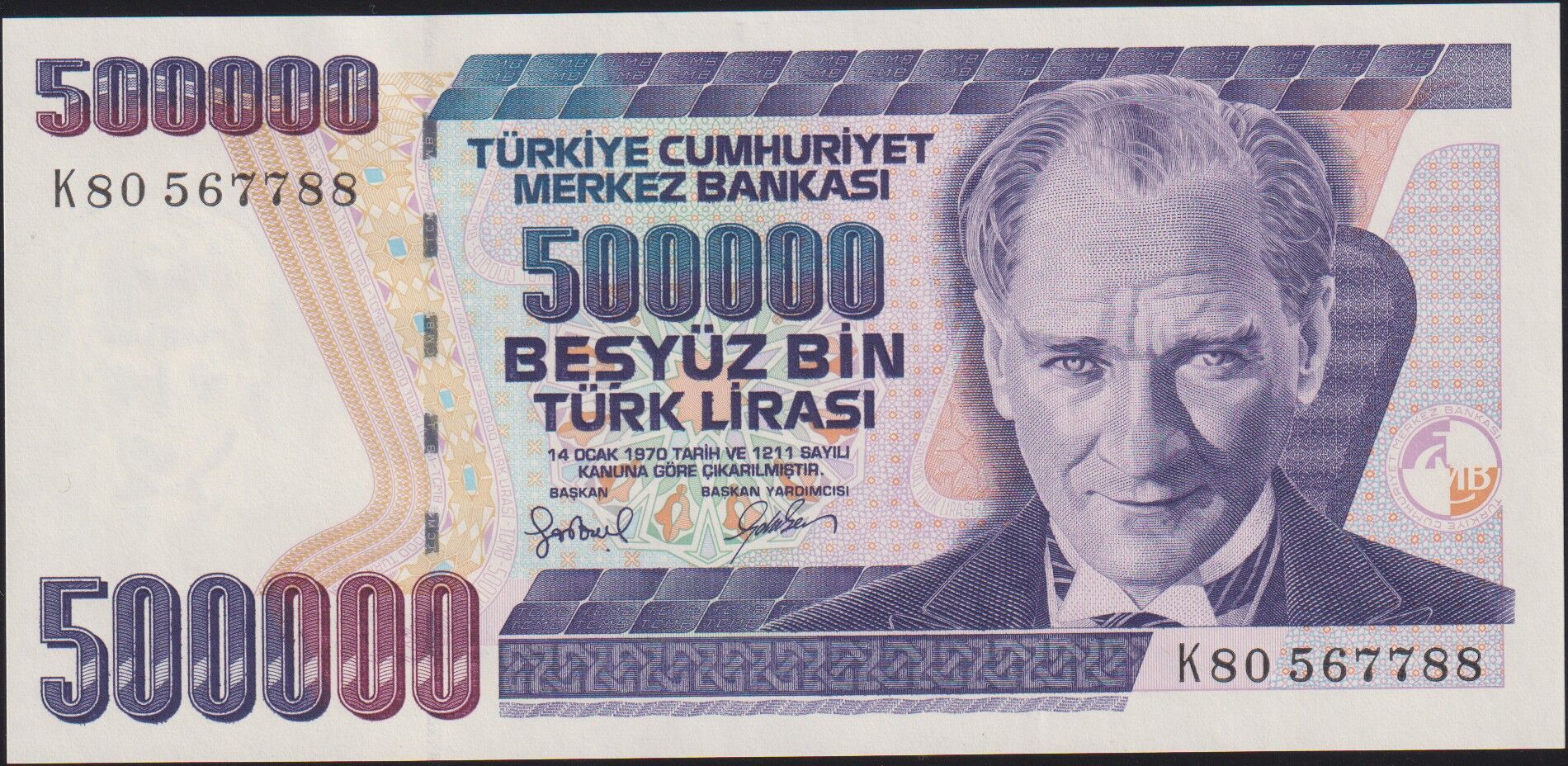 7.Emisyon 4.Tertip 500.000 Lira K80 567788 Çil