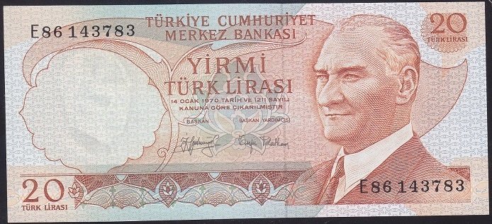 6.EMİSYON 3.TERTİP 20 LİRA E86 143783 ÇİLALTI (HAFİF BOMBE VAR)