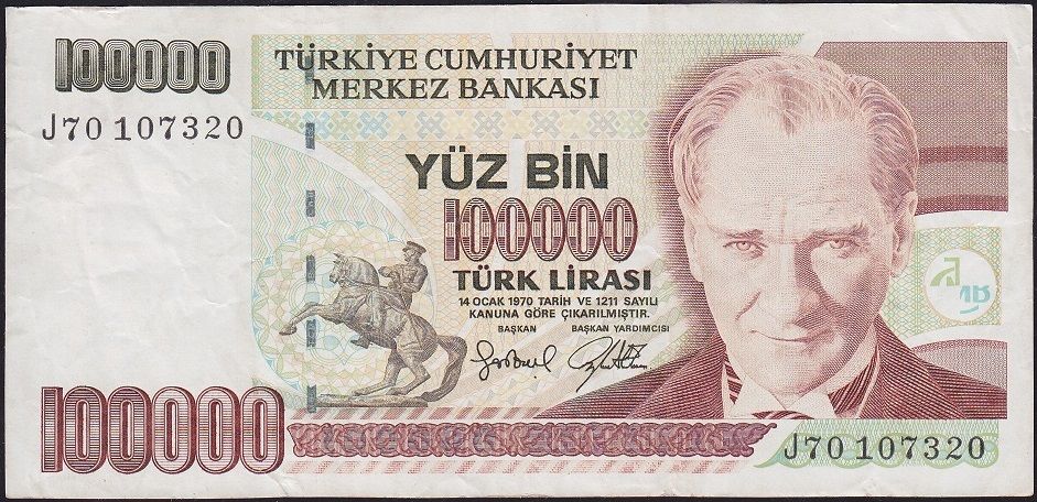 7.Emisyon 3.Tertip 100000 Lira J70 107320 Çok Temiz+