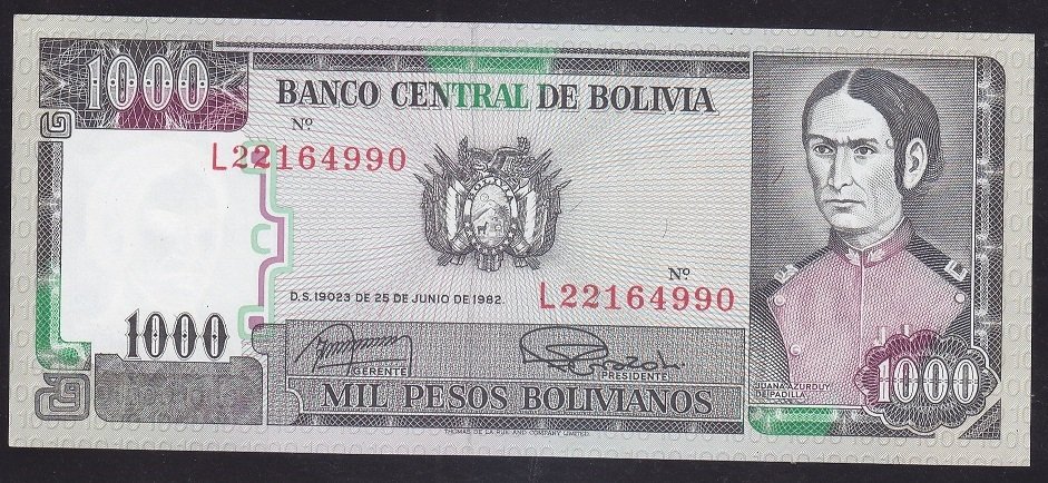 Bolivya 1000 Bolivianos 1982 Çil Pick167b