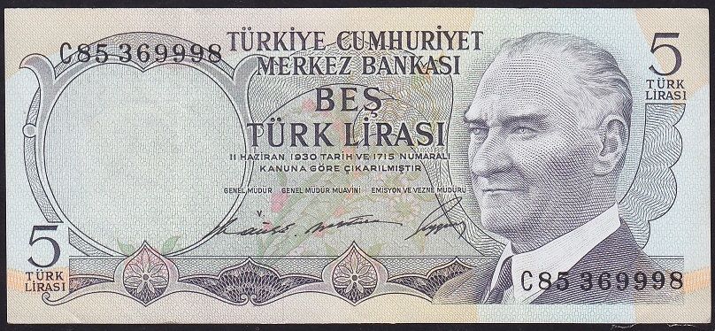 6.Emisyon 1.Tertip 5 Lira C85 369998 Çok Temiz+