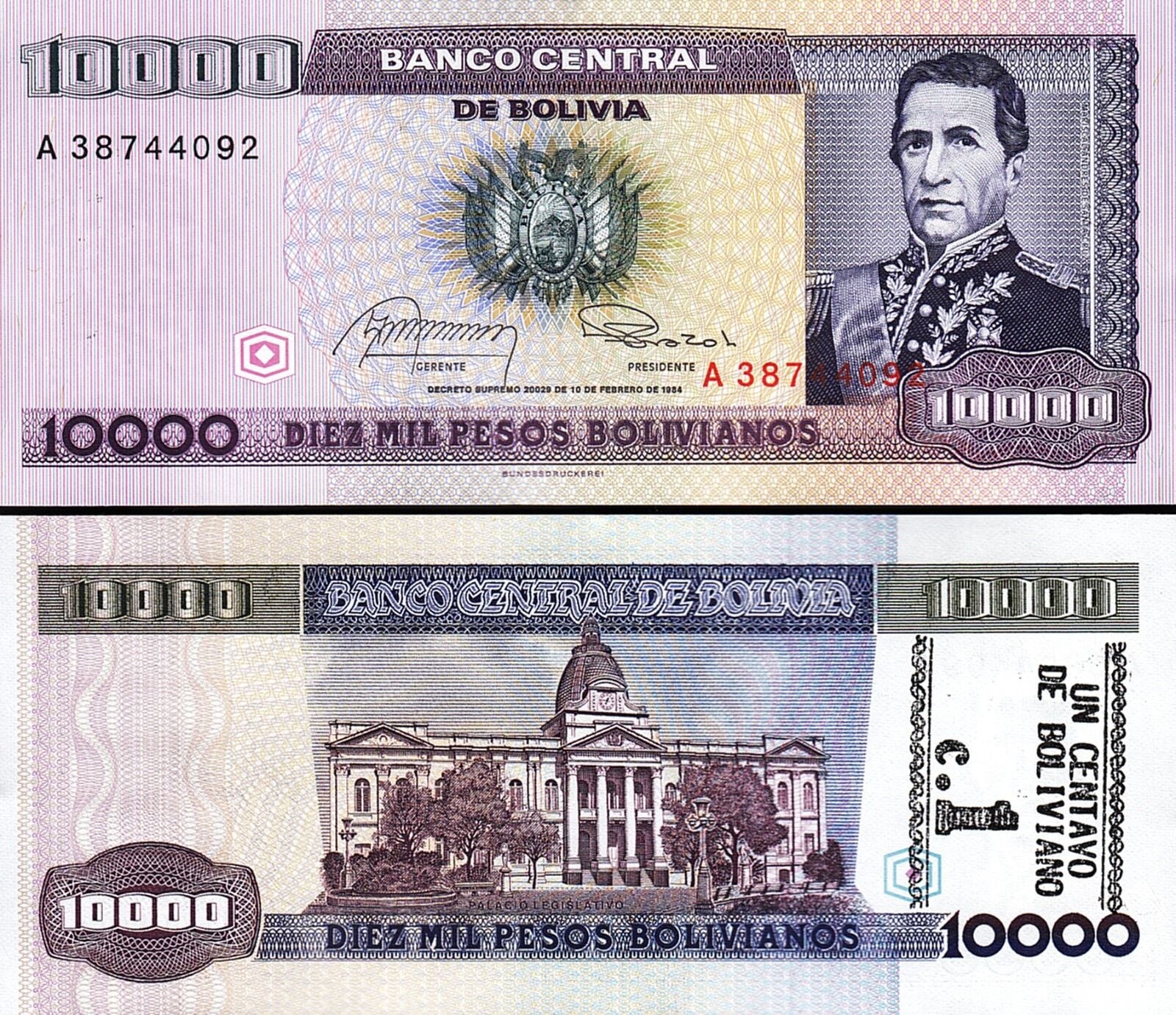 Bolivya 1 Cent Sürsajlı 10000 Bolivianos 1987 Çil Pick 195