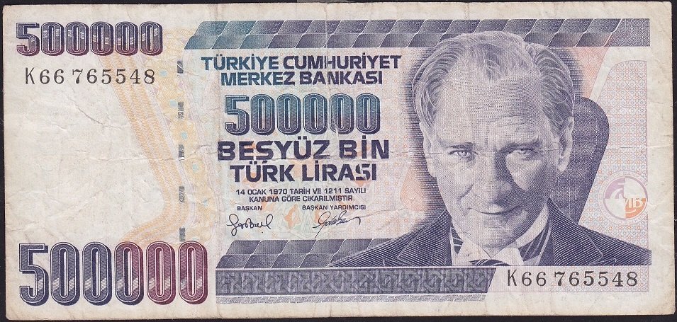 7.Emisyon 4.Tertip 500000 Lira K66 765548 Haliyle ( Bantlı )