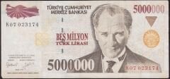7.Emisyon 5000000 Lira K07 023174 Çok Temiz