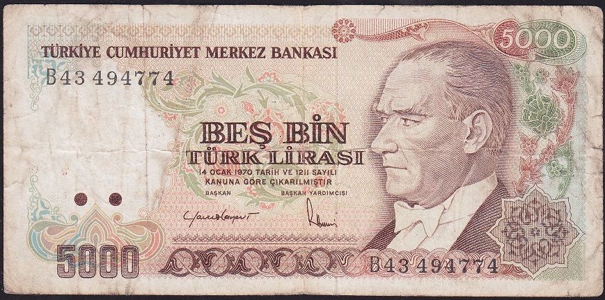 7.Emisyon 2.Tertip 5000 Lira B43 494774 Temiz