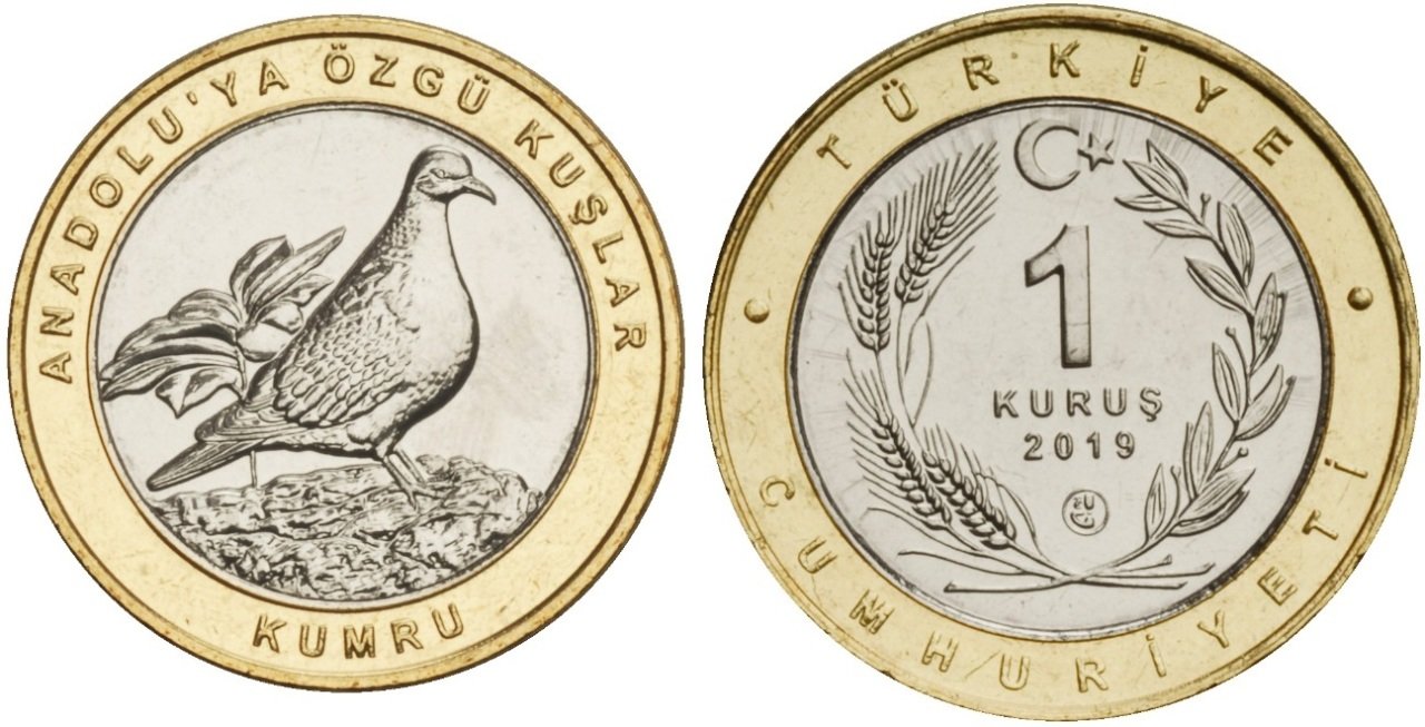 2019 Yılı 1 Kuruş Anadoluya Özgü Kuşlar KUMRU Çil Bimetal Çerçeve Sarı