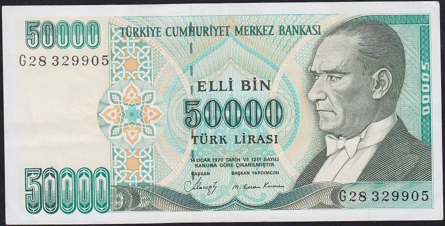7.Emisyon 1.Tertip 50000 Lira G28 329905 Çok Çok Temiz+