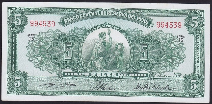 Peru 5 Soles 1952 Çil Pick 70