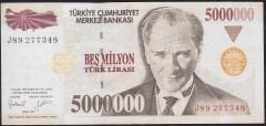 7.Emisyon 5.000.000 Lira J89 277348 Çok Temiz+