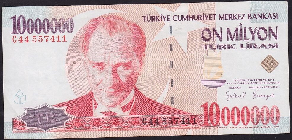 7.Emisyon 10000000 Lira C44 557411 Çok Temiz+