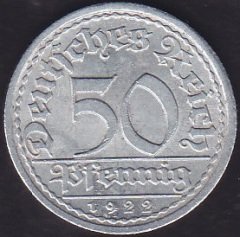 Almanya ( Weimar Cumhuriyeti ) 50 Pfennig 1922 A