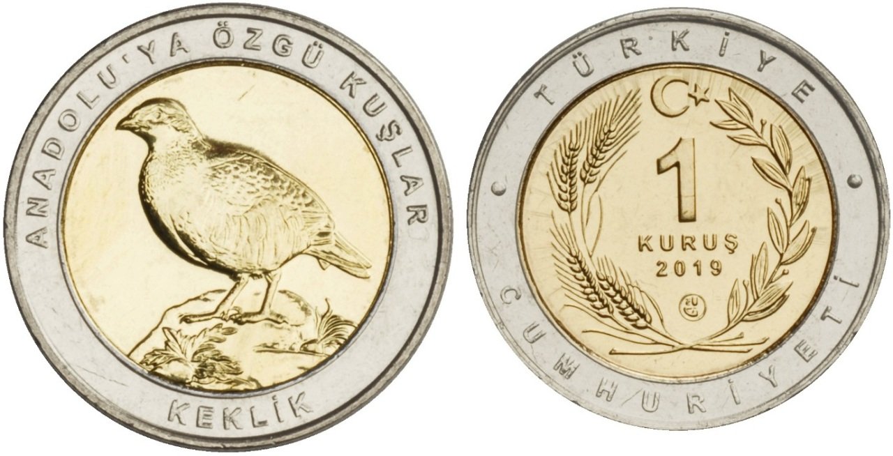 2019 Yılı 1 Kuruş Anadoluya Özgü Kuşlar  KEKLİK Çil Bimetal Göbek Sarı
