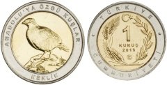 2019 Yılı 1 Kuruş Anadoluya Özgü Kuşlar  KEKLİK Çil Bimetal Göbek Sarı
