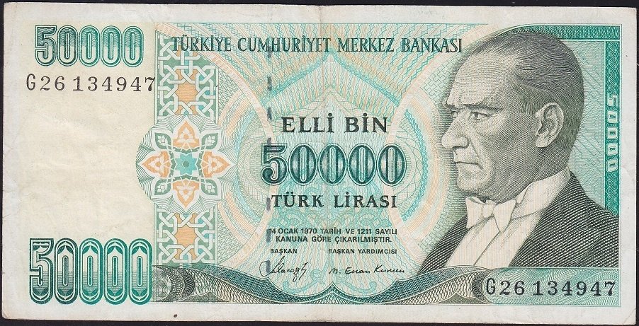 7.Emisyon 1.Tertip 50000 Lira G26 134947 Çok Temiz+