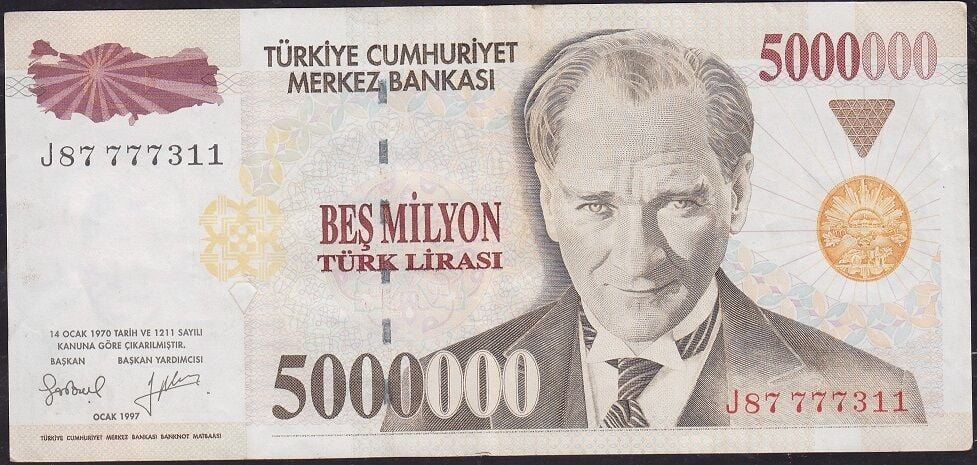 7.Emisyon 5.000.000 Lira J87 777311 Çok Temiz+