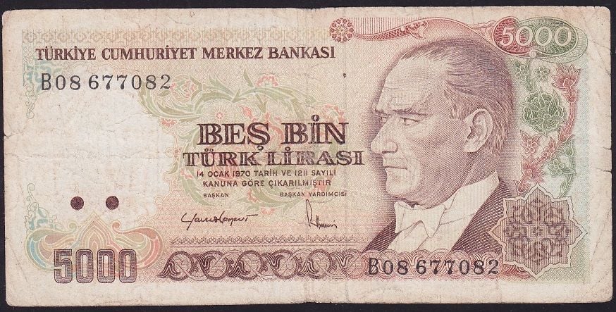 7.Emisyon 2.Tertip 5000 Lira B08 677082 Temiz
