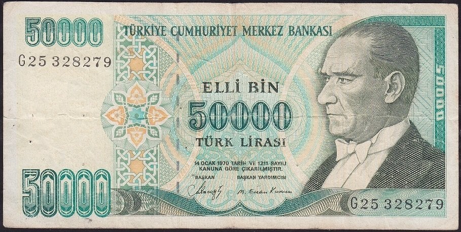 7.Emisyon 1.Tertip 50000 Lira G25 328279 Çok Temiz