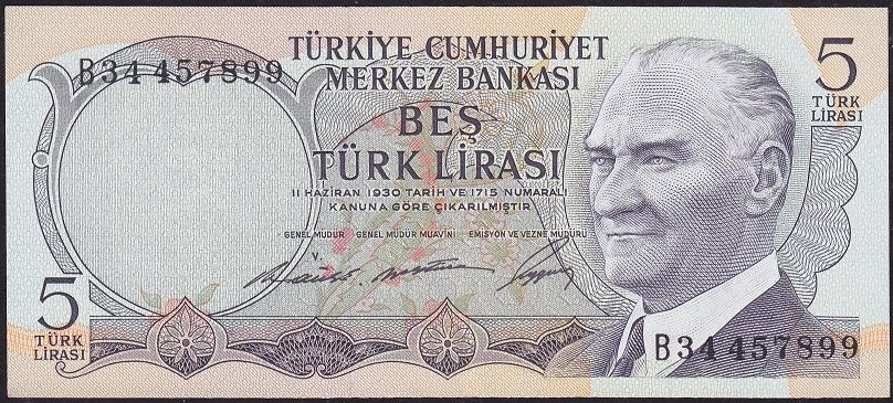 6.Emisyon 1.Tertip 5 Lira B34 457899 Ççt Çilaltı
