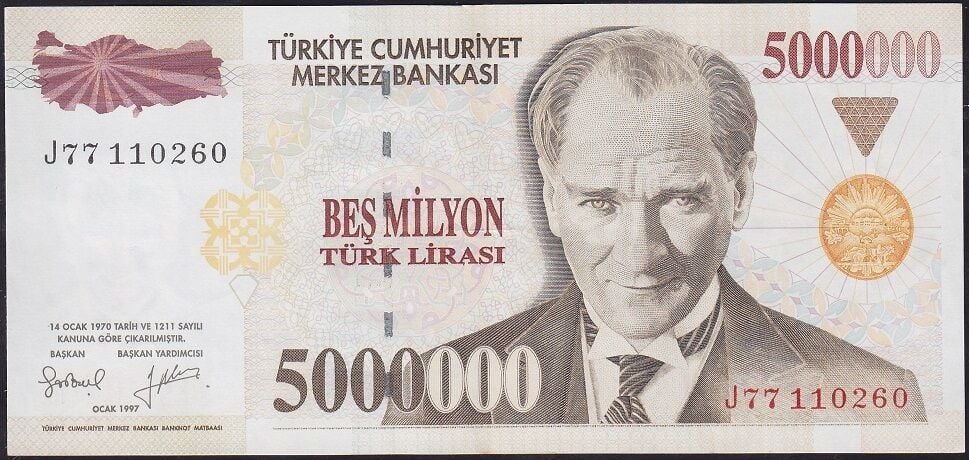 7.Emisyon 5.000.000 Lira J77 110260 Çok Çok Temiz+