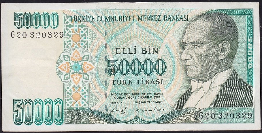7.Emisyon 1.Tertip 50000 Lira G20 320329 Çok Temiz+