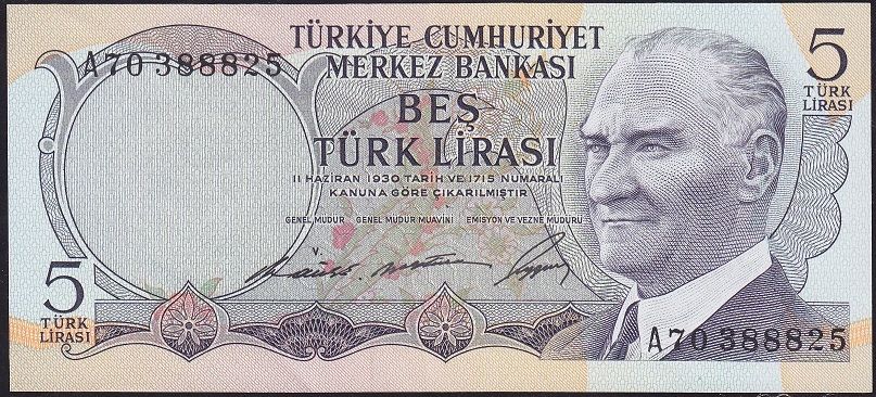 6.Emisyon 1.Tertip 5 Lira A70 388825 Ççt Çilaltı