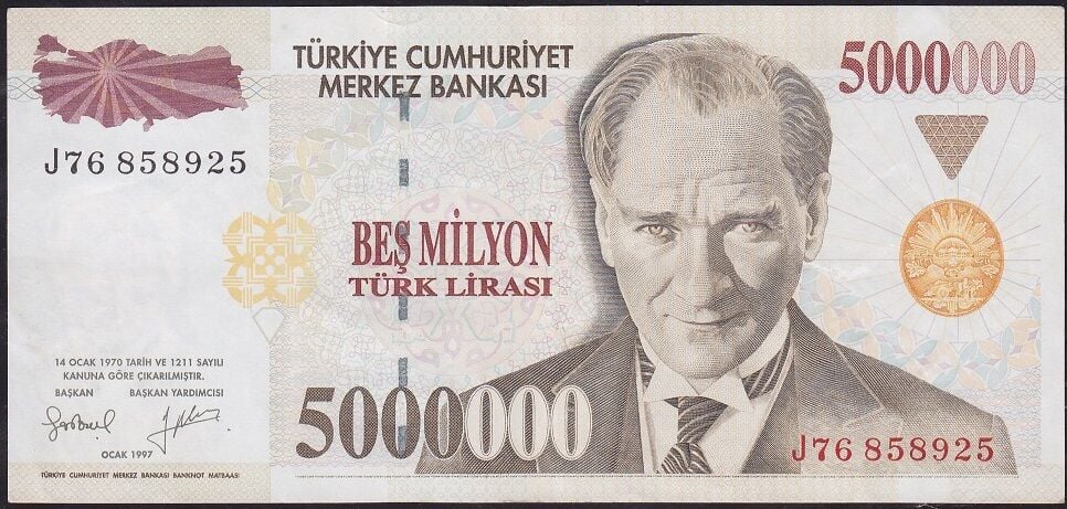 7.Emisyon 5.000.000 Lira J76 858925 Çok Çok Temiz