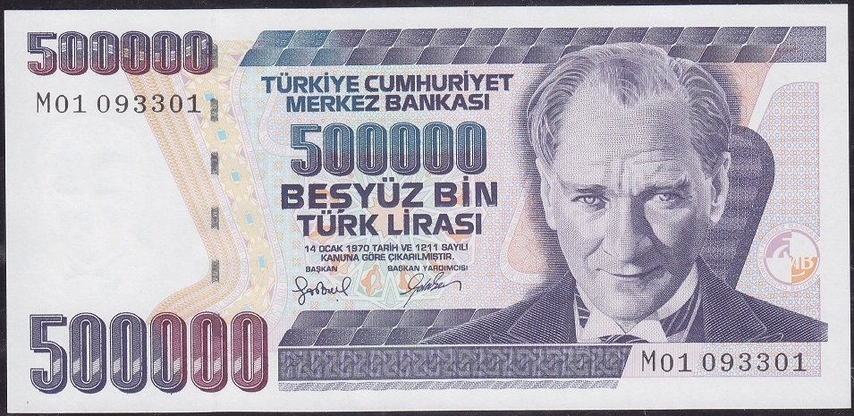 7.Emisyon 4.Tertip 500000 Lira M01 093301 Çil