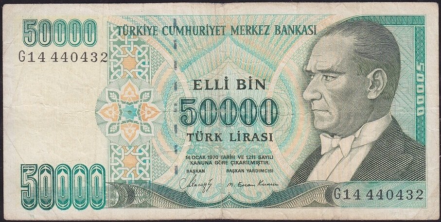 7.Emisyon 1.Tertip 50000 Lira G14 440432 Temiz