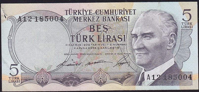 6.Emisyon 1.Tertip 5 Lira A12 185004 Temiz