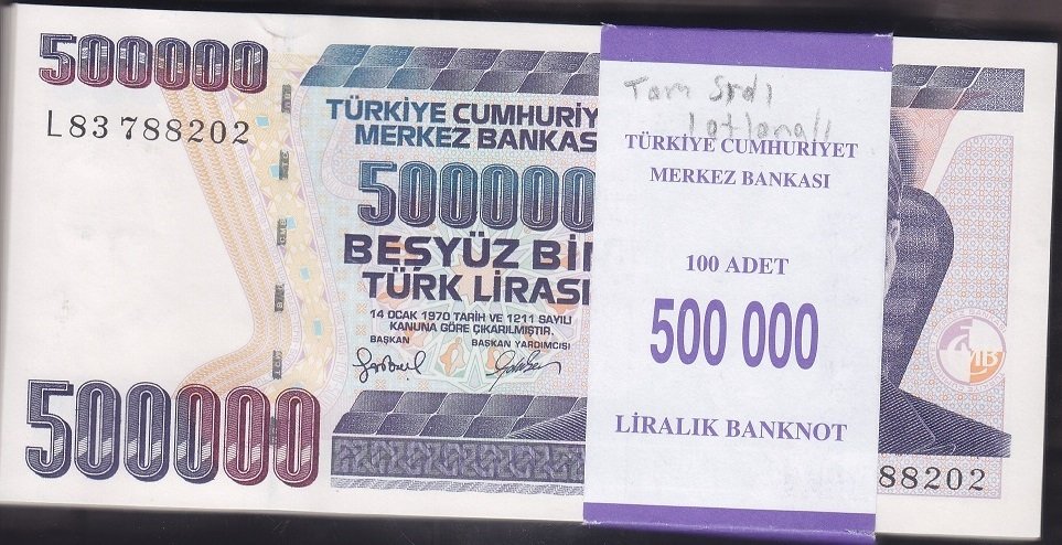 7.Emisyon 4.Tertip 500000 Lira L83 788202-302 arası 1 adet 234 atlamalı % 99 sıralı (Deste 100 Adet) Çil