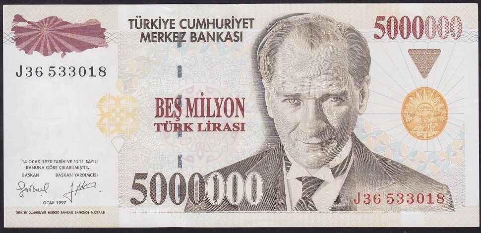 7.Emisyon 5000000 Lira J36 533018 Çok Çok Temiz+