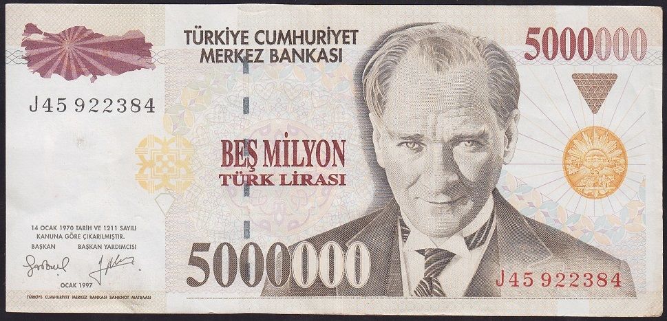 7.Emisyon 5 000 000 Lira J45 922384 Çok Temiz+