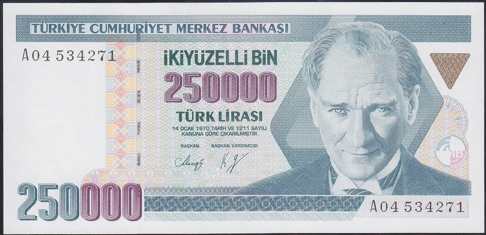 7.Emisyon 1.Tertip 250000 Lira A04 534271 Çilaltı Çil (bandrol baskı izi var)