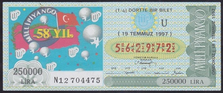 1997 19 TEMMUZ ÇEYREK BİLET U SERİSİ