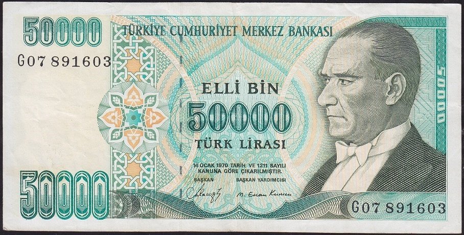 7.Emisyon 1.Tertip 50000 Lira G07 891603 Çok Temiz+