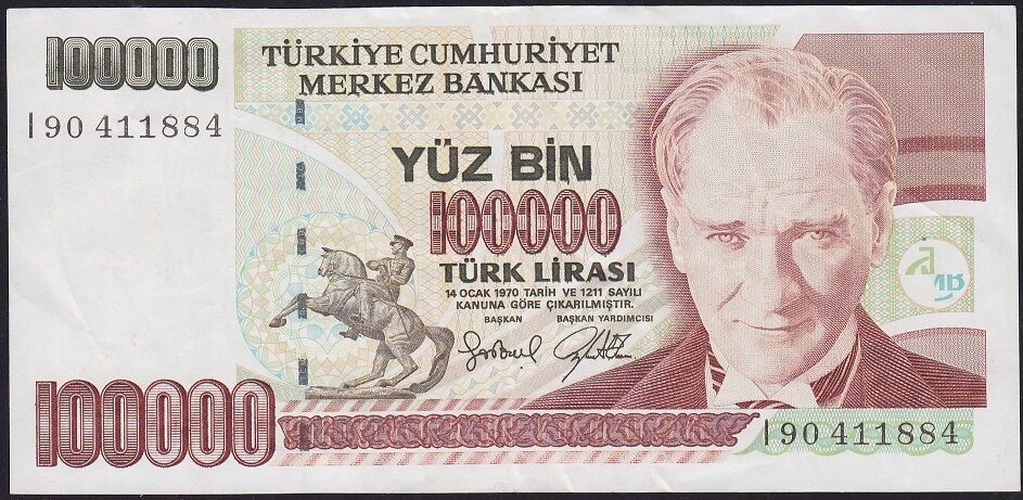 7.Emisyon 3.Tertip 100000 Lira I90 411884 Çok Temiz+