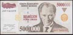7.Emisyon 5.000.000 Lira J07 742877 Çok Çok Temiz+