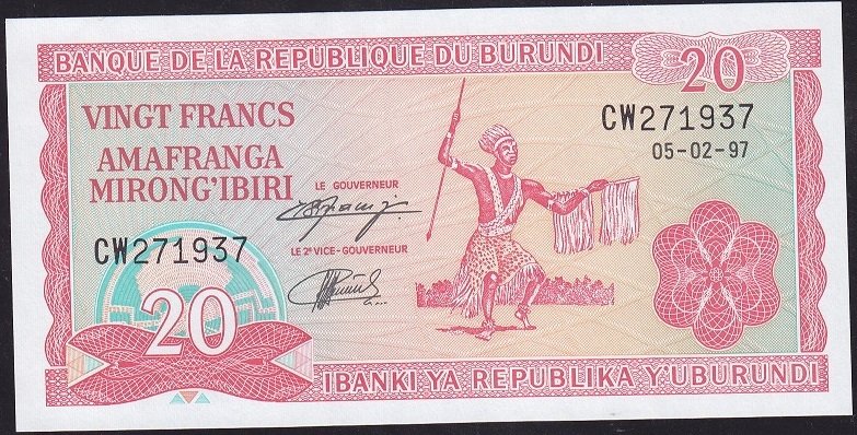 Burundi 20 Frank 1997 Çil Pick27d