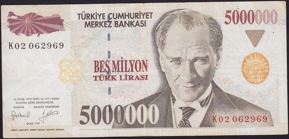 7.Emisyon 5 000 000 Lira K02 062969 Çok Temiz+