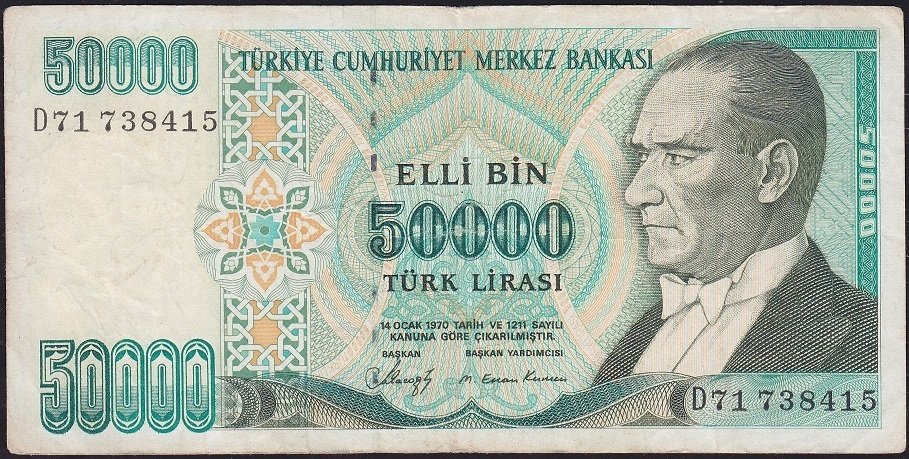 7.Emisyon 1.Tertip 50000 Lira D71 738415 Çok Temiz