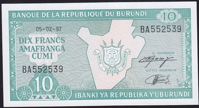 Burundi 10 Frank 1997 Çil Pick 33d