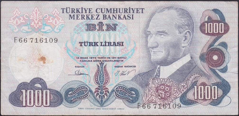 6.EMİSYON 3.TERTİP 1000 LİRA F66 716109 ÇOK TEMİZ
