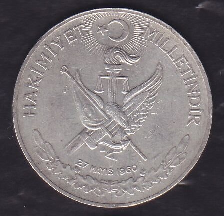 1960 Yılı 10 Lira - Hakimiyet Milletindir İhtilal Gümüş ( 15 Gram )
