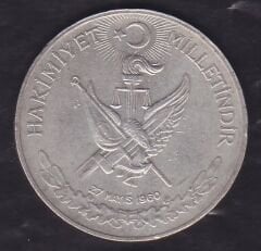 1960 Yılı 10 Lira - Hakimiyet Milletindir İhtilal Gümüş ( 15 Gram )