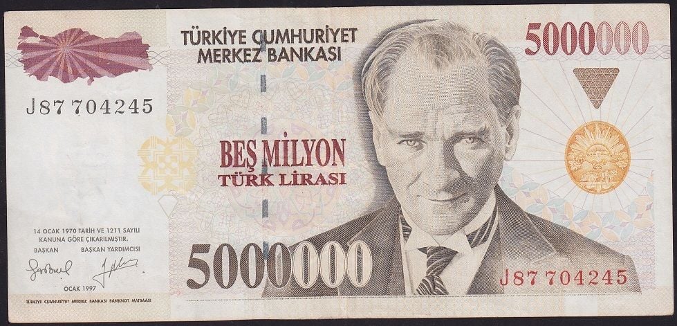 7.Emisyon 5 000 000 Lira J87 704245 Çok Temiz+