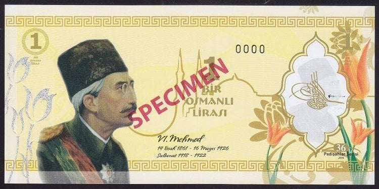 ÖZEL BASKI 1 OSMANLI LİRASI - 6.MEHMET- VAHDETTİN - HOLOGRAMLI - EMNİYET ŞERİTLİ - SPECİMEN